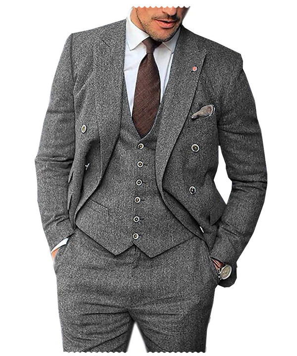 3 Pieces Suit - Vintage Classical Men's 3 Piece Suit Herringbone Tweed Notch Lapel Tuxedos (Blazer+vest+Pants)