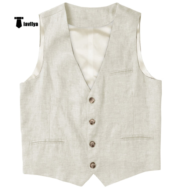 Casual Mens Waistcoat Flat Linen V Neck Waistcoat For Wedding Xs / Lvory Suit Vest