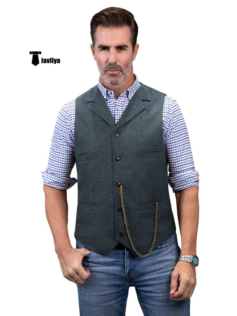 Casual Men’s Tweed Herringbone Notch Lapel Waistcoat Xs / Light Navy Suit Vest