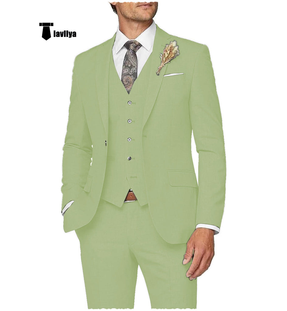 Casual Men’s 3 Pieces Mens Suit Notch Lapel Linen For Wedding (Blazer + Vest + Pants) Xs / Mint