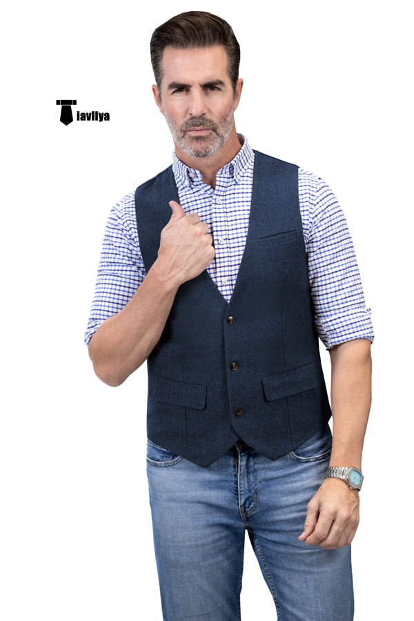 Casual Men’s Herringbone V Neck Waistcoat Xs / Navy Suit Vest