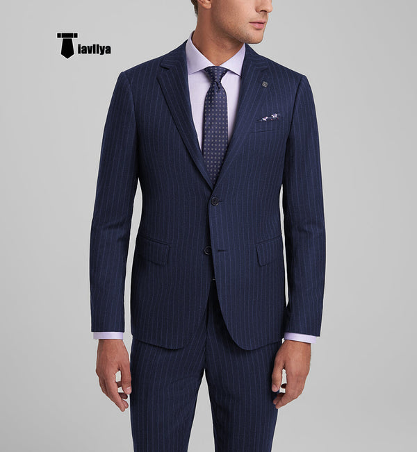 Fashion Men’s 3 Pieces Slim Fit Striped Notch Lapel Tuxedos (Blazer + Pants) Xs / Navy 2 Pieces Suit