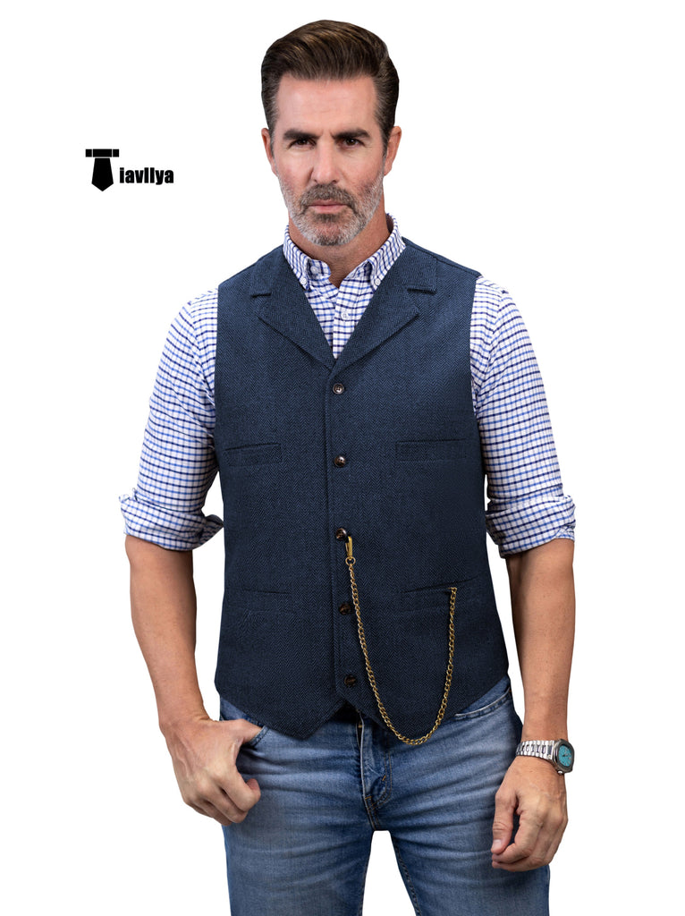 Casual Men’s Tweed Herringbone Notch Lapel Waistcoat Xs / Navy Suit Vest