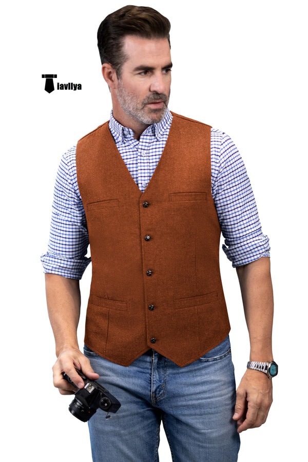 Formal Men’s Tweed Herringbone V Neck Waistcoat Xs / Orange Suit Vest