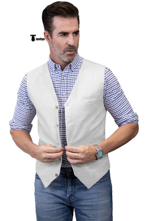 Mens Waistcoat Flat Linen V Neck Waistcoat For Wedding Xs / White Suit Vest