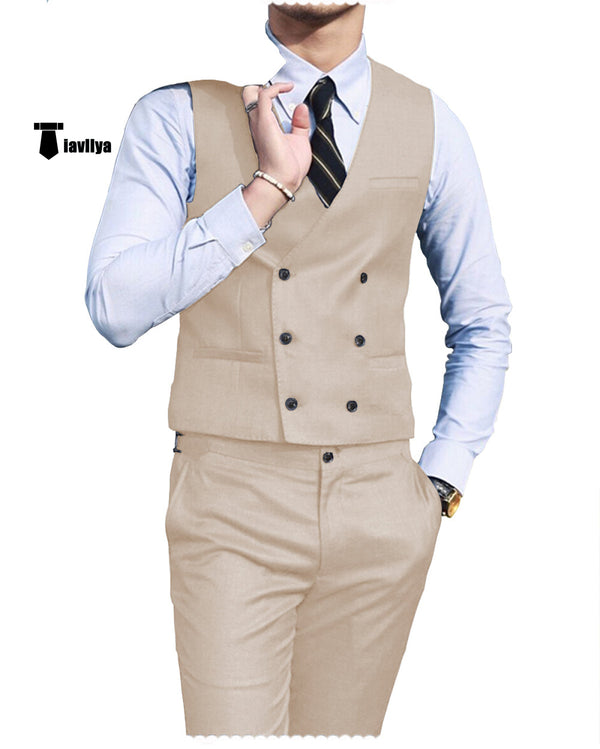 Double Breasted Fashion 2 Pieces Mens Suit For Wedding(Vest + Pants) Xs / Beige Suit