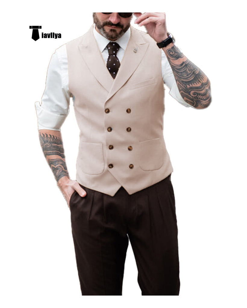 Fashion Men’s Suit Vest Regular Fit Peak Lapel Waistcoat Wedding Xs / Beige