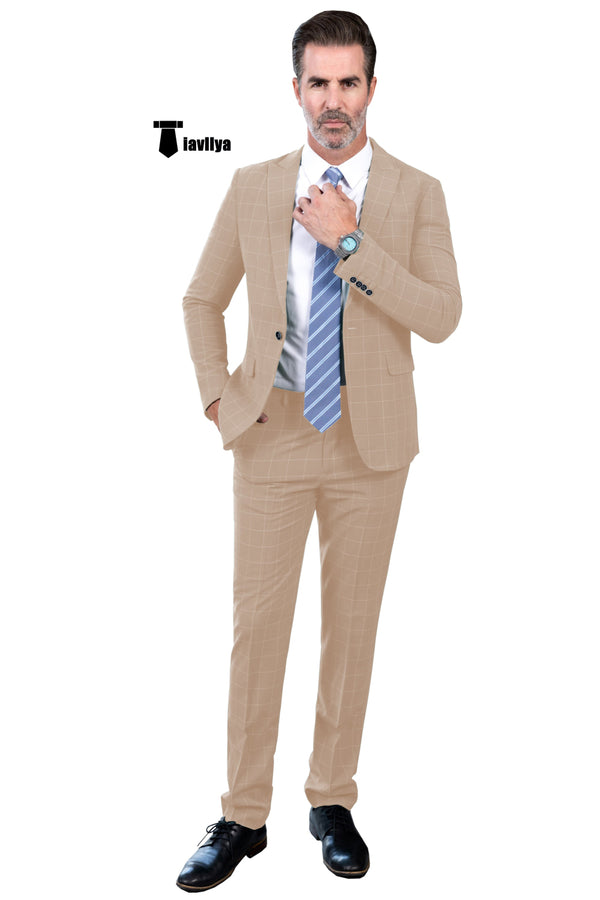 Fashion Mens Suit 2 Pieces Plaid Peak Lapel Tuxedos (Blazer + Pants) Xs / Beige Pieces Suit