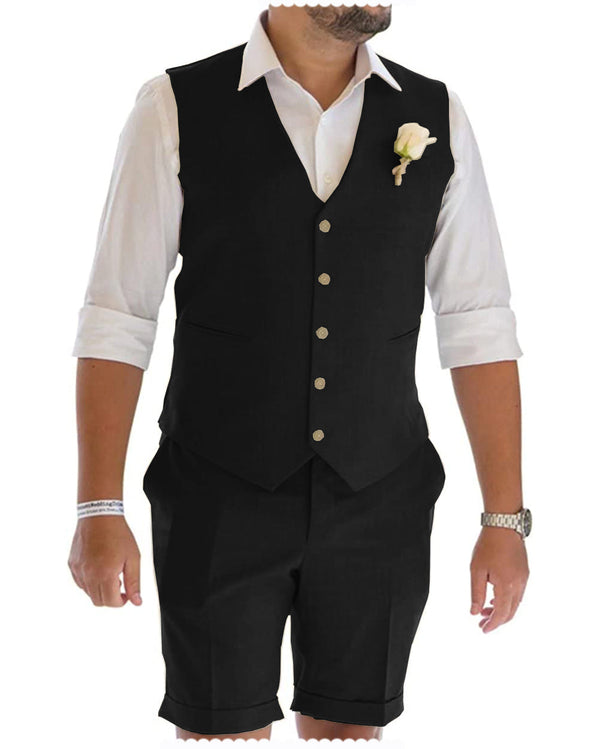 2 Pieces Suit - Leisure 2 Piece Men's Suit Flat Linen Notch Lapel Tuxedos (Vest+Shorts)
