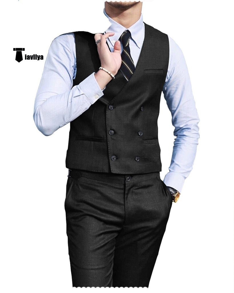 Double Breasted Fashion 2 Pieces Mens Suit For Wedding(Vest + Pants) Xs / Black Suit