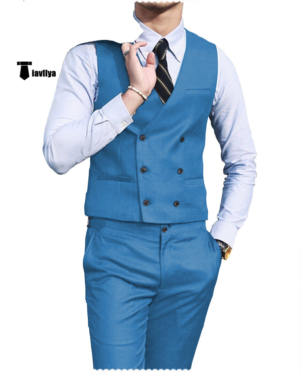 Double Breasted Fashion 2 Pieces Mens Suit For Wedding(Vest + Pants) Xs / Blue Suit