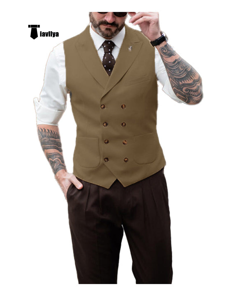 Fashion Men’s Suit Vest Regular Fit Peak Lapel Waistcoat Wedding Xs / Brown