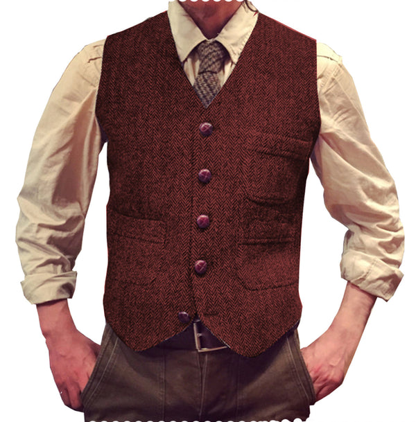 Suit Vest - Vintage Classical Mens Regular Fit Tweed Herringbone V Neck Waistcoat