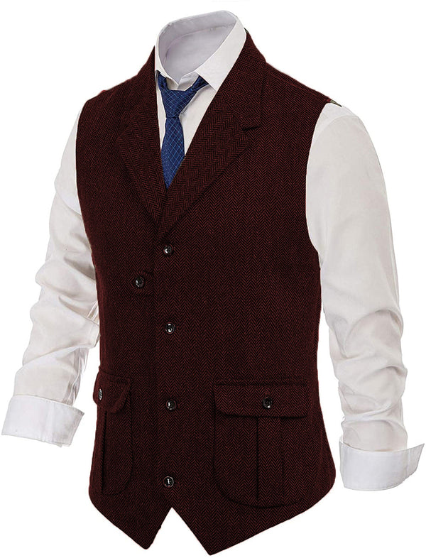 Suit Vest - Men's Classic Tweed Herringbone Notch Lapel Waistcoat