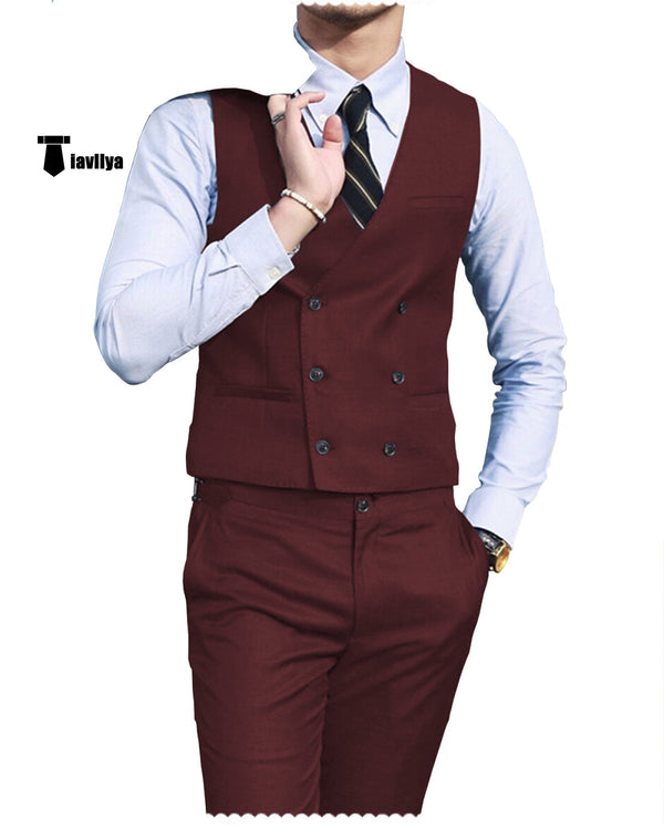 Double Breasted Fashion 2 Pieces Mens Suit For Wedding(Vest + Pants) Xs / Burgundy Suit