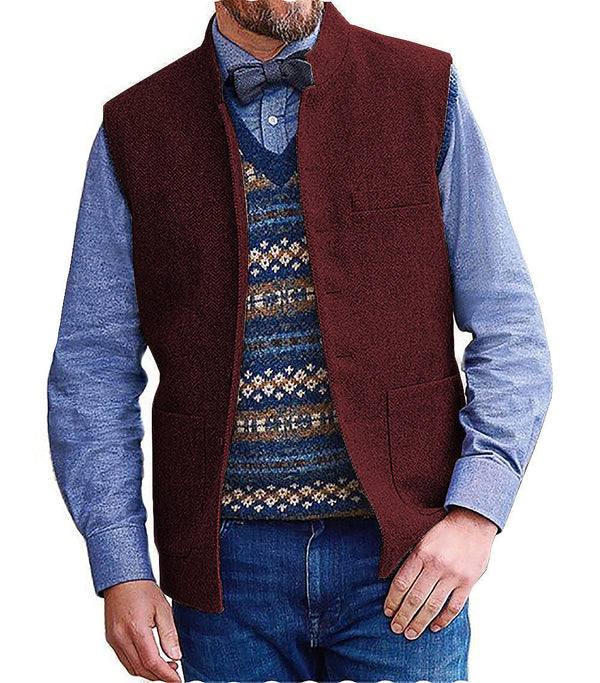 Suit Vest - Men's Slim Fit Herringbone Stand Collar Waistcoat