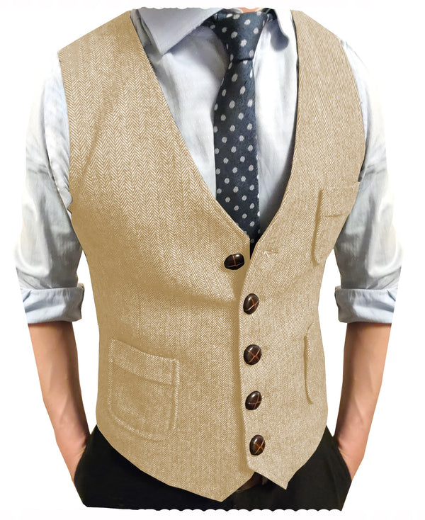 Suit Vest - Men's Slim Fit Tweed Herringbone V Neck Waistcoat