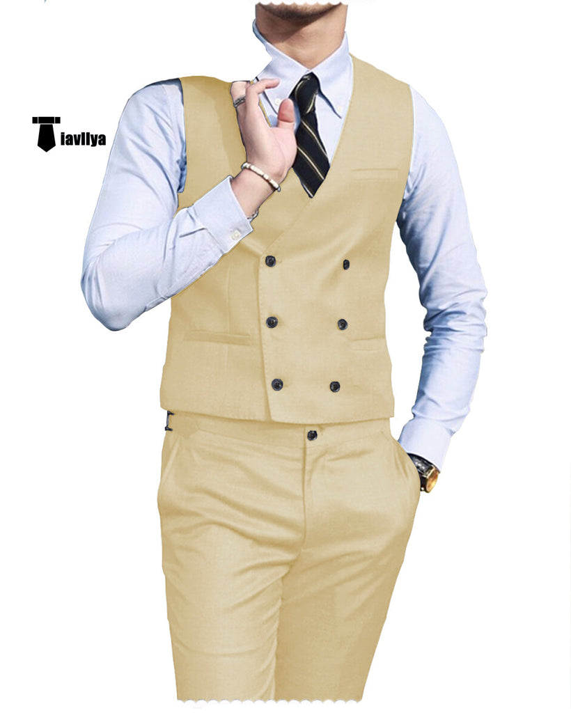 Double Breasted Fashion 2 Pieces Mens Suit For Wedding(Vest + Pants) Xs / Champagne Suit