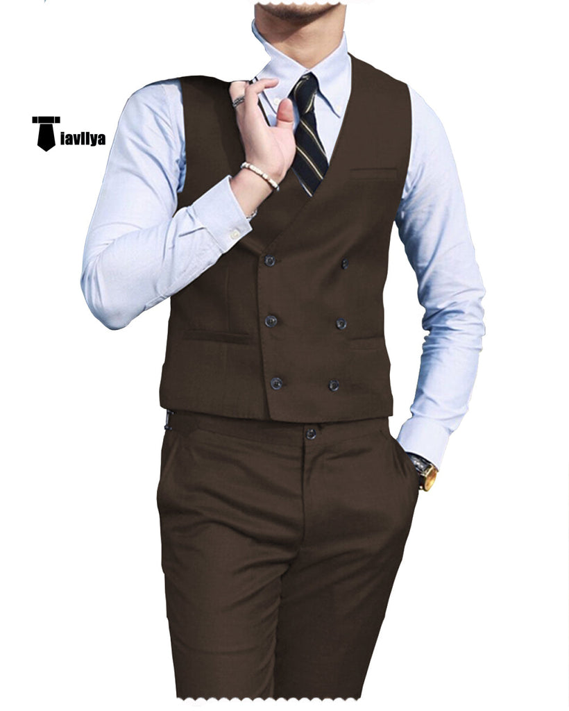 Double Breasted Fashion 2 Pieces Mens Suit For Wedding(Vest + Pants) Xs / Coffee Suit