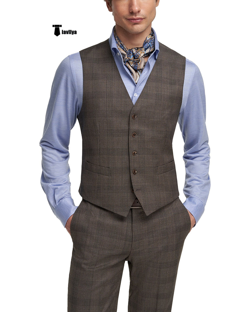 Mens Business 2 Pieces Suit Plaid V Neck Vest (Vest + Pants) Xs / Coffee Pieces Suit