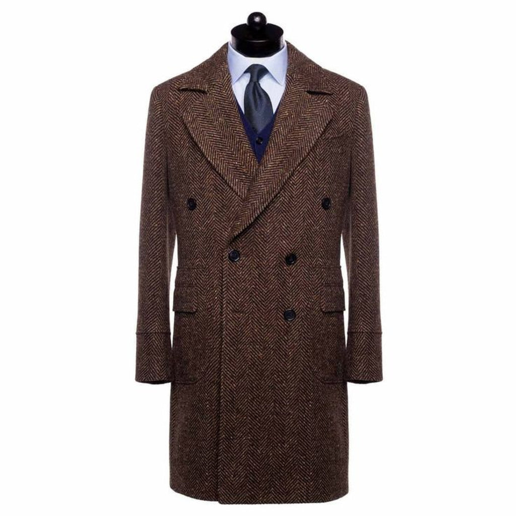 Vintage Trench Coat Men Double Breasted Notch Collar Herringbone Tweed Slim Fit Winter Wedding