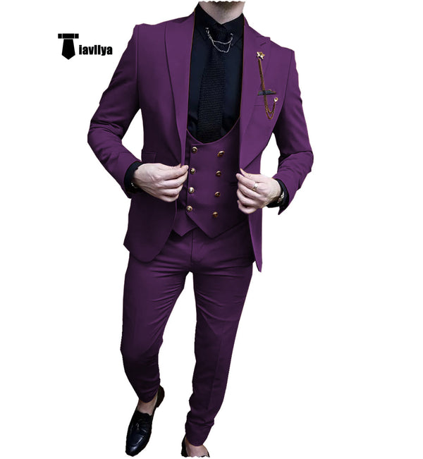 Fashion Men’s Suit 3 Piece Peak Lapel Flat Tuxedo Wedding (Blazer + Vest + Pants) Xs / Purple