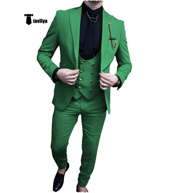 Fashion Men’s Suit 3 Piece Peak Lapel Flat Tuxedo Wedding (Blazer + Vest + Pants) Xs / Green