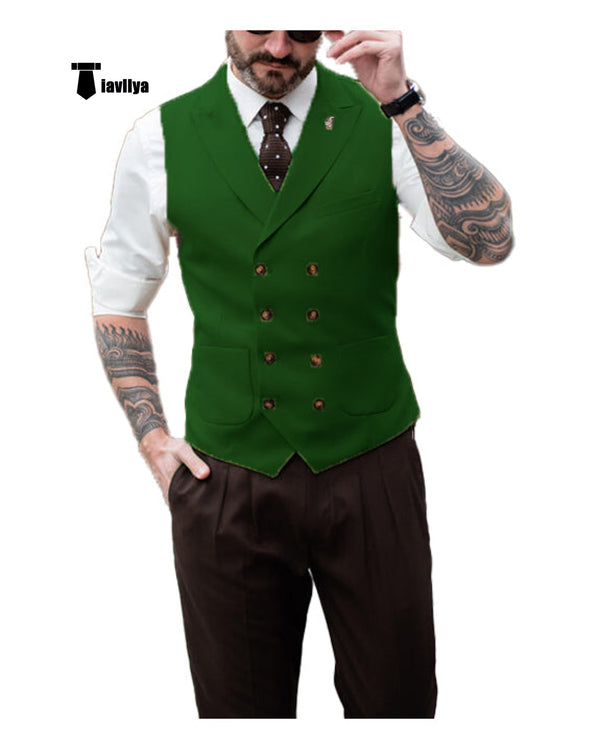 Fashion Men’s Suit Vest Regular Fit Peak Lapel Waistcoat Wedding Xs / Green