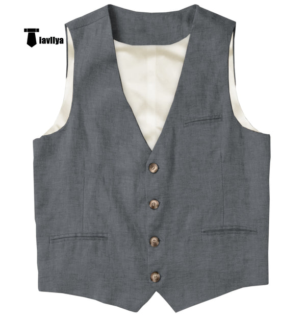 Casual Mens Waistcoat Flat Linen V Neck Waistcoat For Wedding Xs / Grey Suit Vest