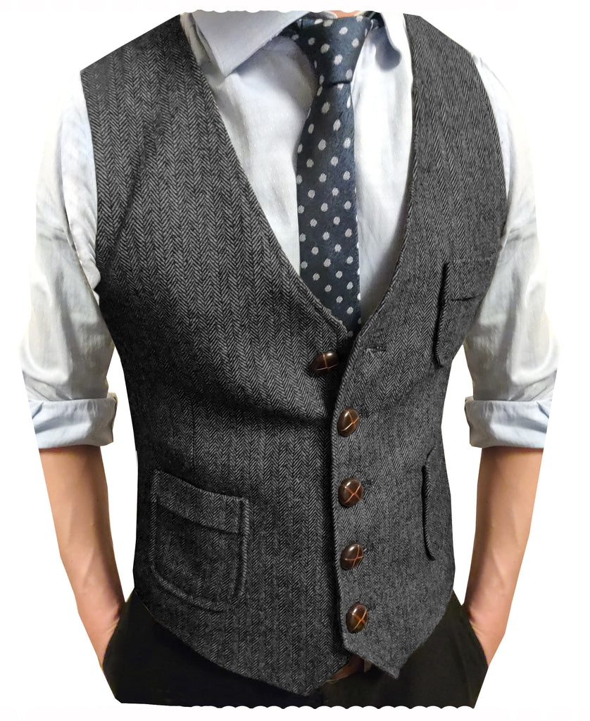 Suit Vest - Men's Slim Fit Tweed Herringbone V Neck Waistcoat