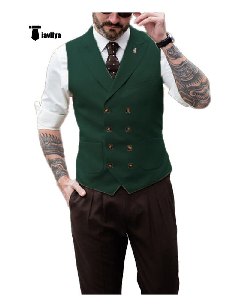 Fashion Men’s Suit Vest Regular Fit Peak Lapel Waistcoat Wedding Xs / Hunt Green