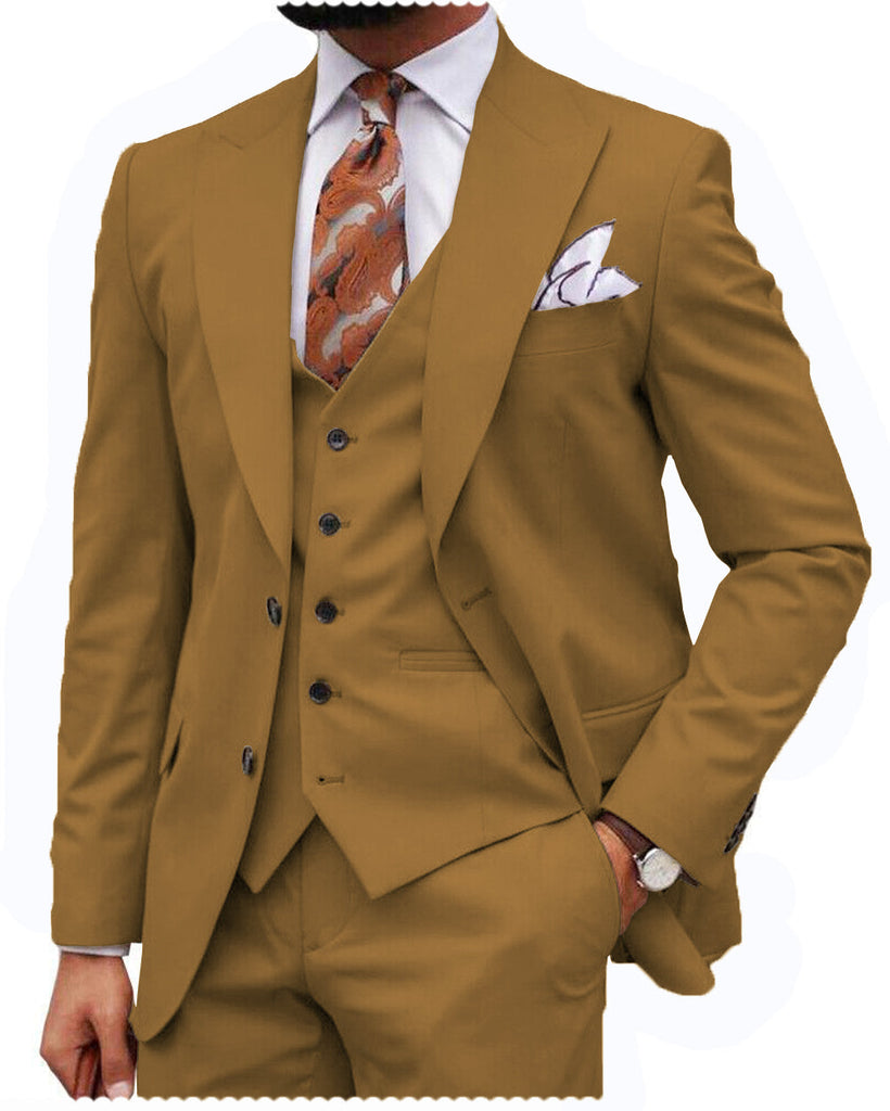 3 Pieces Suit - Formal Men's 3 Piece Regular Fit Peak Lapel Flat Men's Suit (Blazer+Vest+Pants)