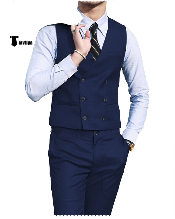 Double Breasted Fashion 2 Pieces Mens Suit For Wedding(Vest + Pants) Xs / Navy Suit