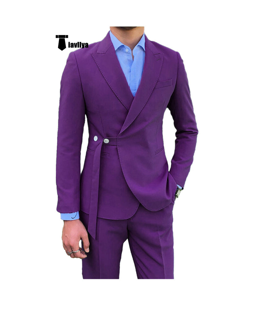 Fashion 2 Piece Men’s Suit Slim Fit Peak Lapel Tuxedo For Wedding (Blazer + Pants) Xs / Purple