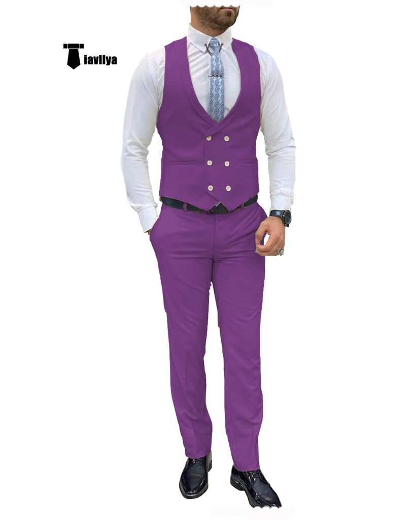 Double Breasted Formal 2 Pieces Mens Suit For Wedding(Vest + Pants) Xs / Purple Suit