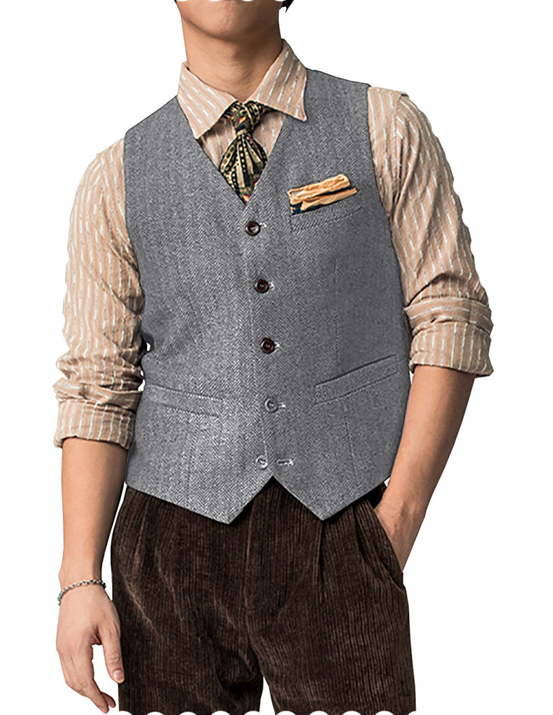 Suit Vest - Vintage Classical Mens Regular Fit Tweed Herringbone V Neck Waistcoat